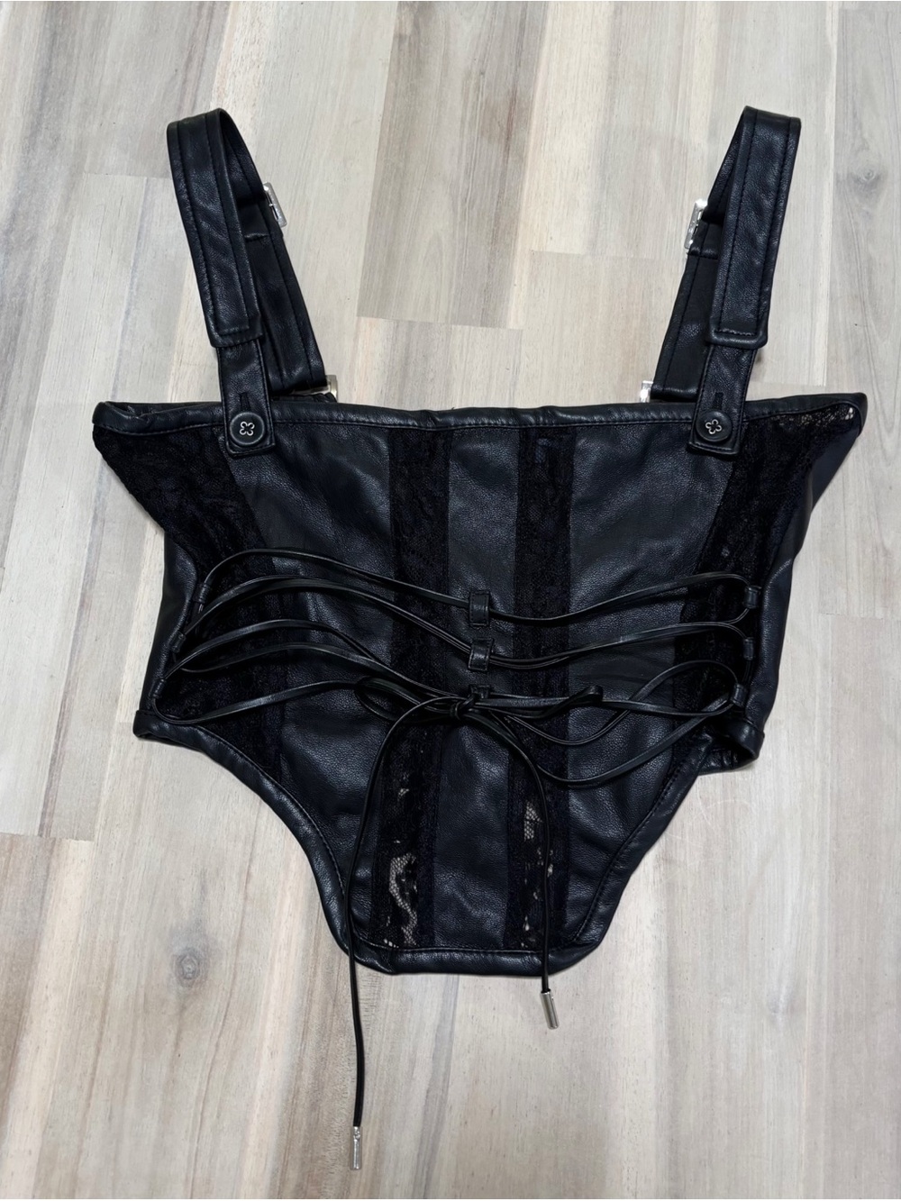 NWT Maniere De Voir Size 4 Black Faux Leather Lace Crop Top Tank